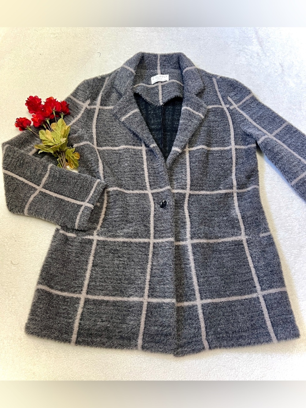 Z Supply Anna Plaid Faux Mohair Blazer Sweater - Medium